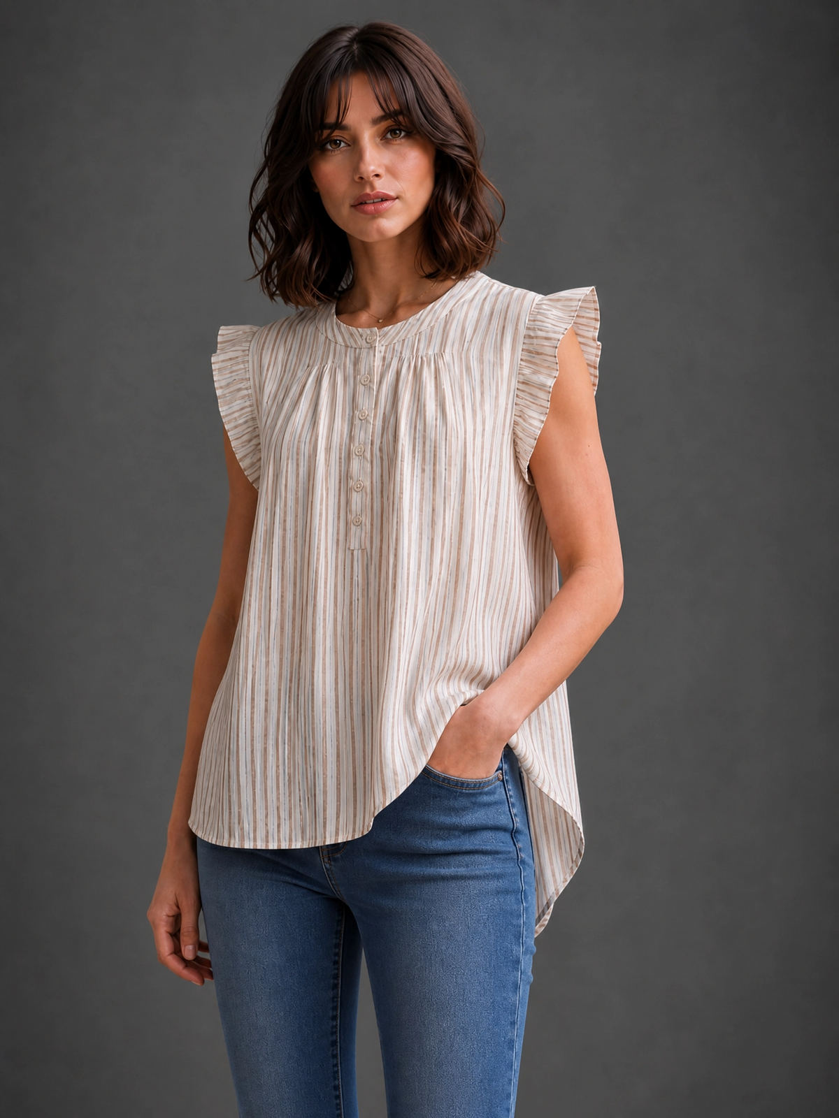 RUFFLE SLEEVE STRIPED COTTON TOP