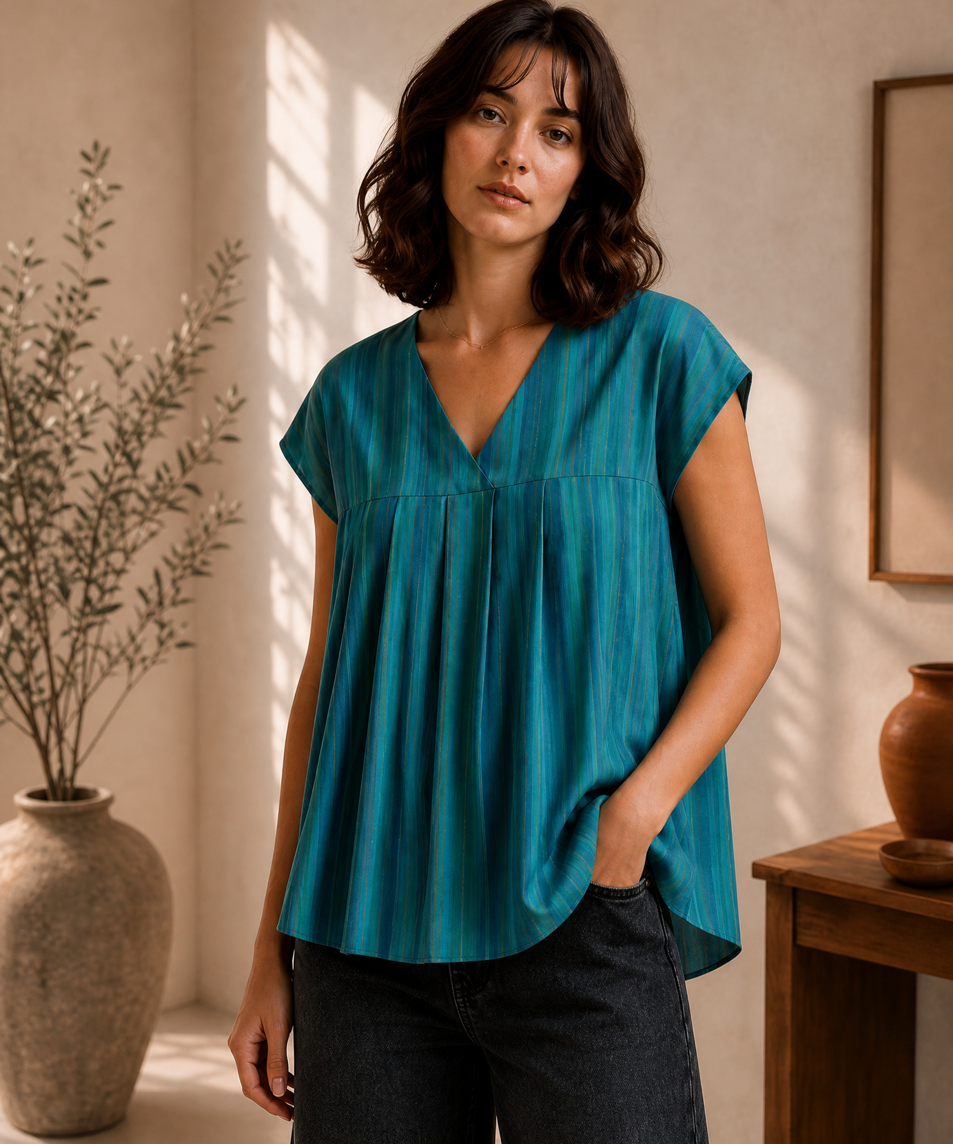 PLEATED V-NECK CAP SLEEVE TOP