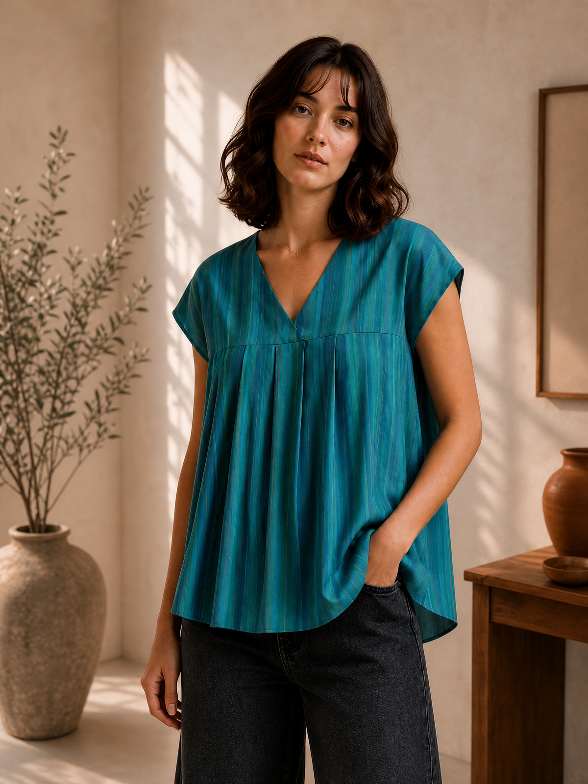 PLEATED V-NECK CAP SLEEVE TOP