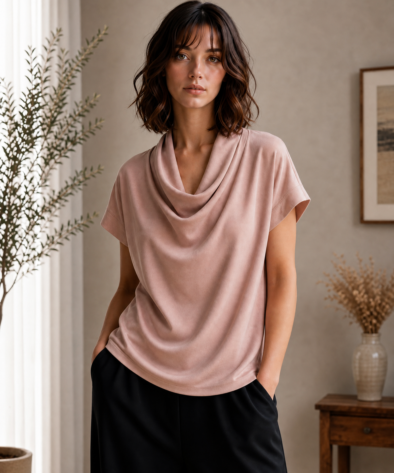SOFT COWL NECK SHORT SLEEVE TOP