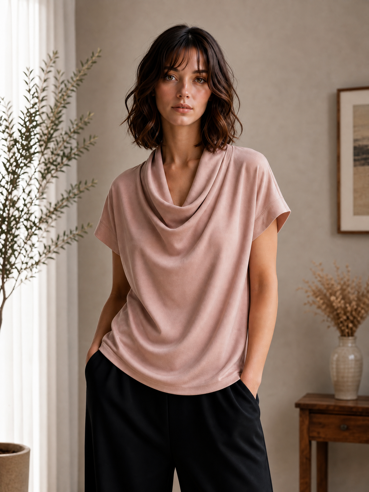 SOFT COWL NECK SHORT SLEEVE TOP