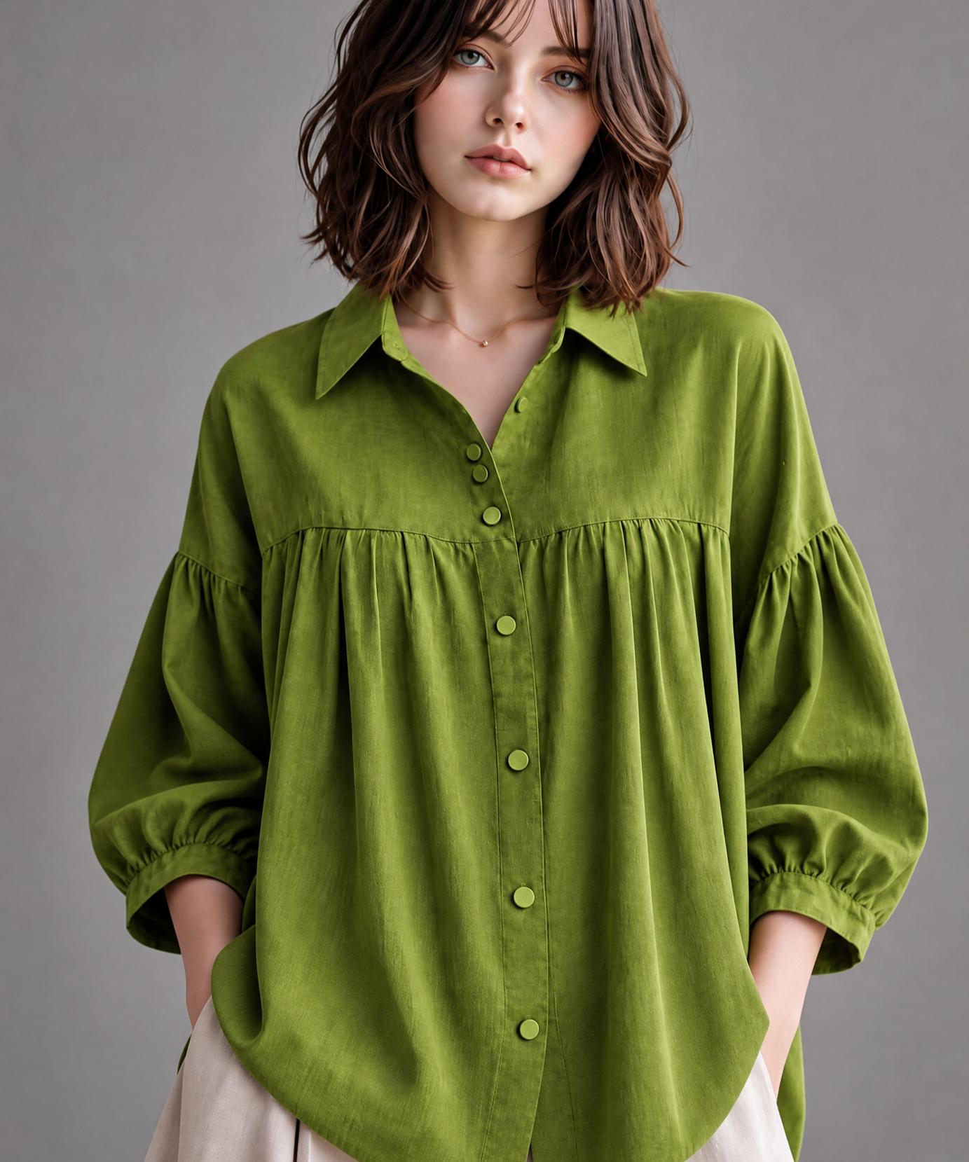 GATHERED BUTTON-DOWN RELAXED SHIRT TOP