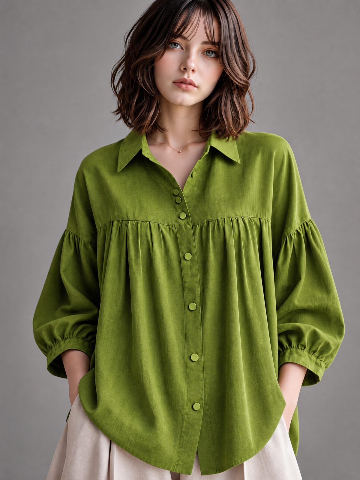 GATHERED BUTTON-DOWN RELAXED SHIRT TOP