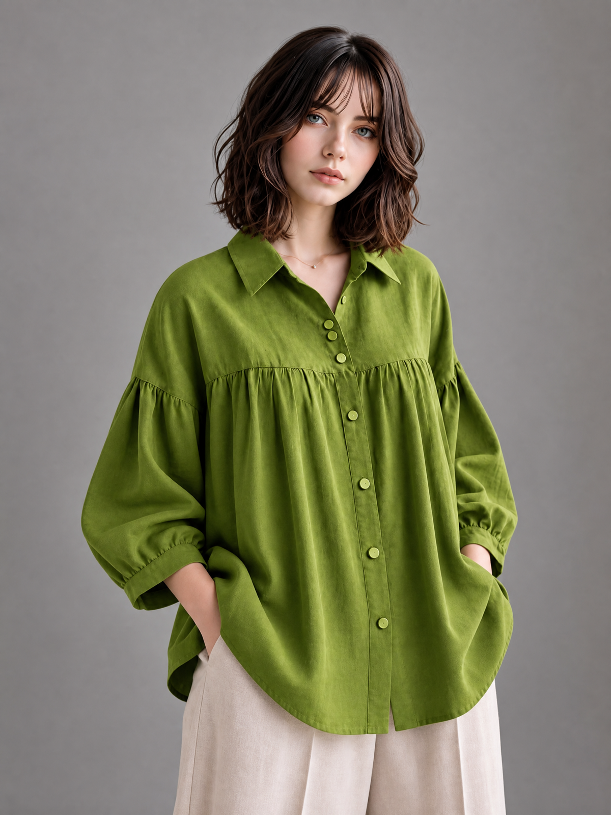 GATHERED BUTTON-DOWN RELAXED SHIRT TOP